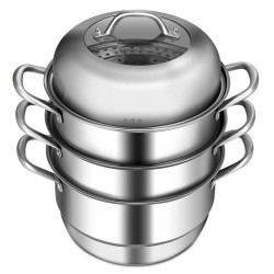 Honhorrs Three-Tier Stainless Steel Steamer, Glass Lid and Stacked Cooking Inserts with Side Handles