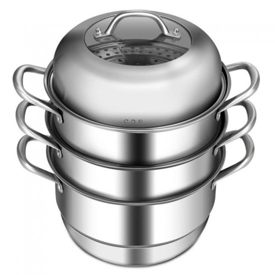 Honhorrs Three-Tier Stainless Steel Steamer, Glass Lid and Stacked Cooking Inserts with Side Handles