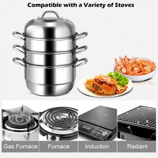 Honhorrs Three-Tier Stainless Steel Steamer, Glass Lid and Stacked Cooking Inserts with Side Handles