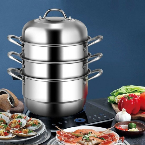 Honhorrs Three-Tier Stainless Steel Steamer, Glass Lid and Stacked Cooking Inserts with Side Handles