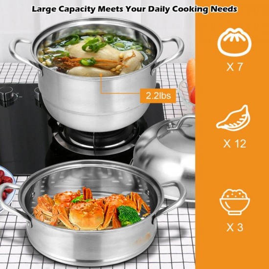 Honhorrs Three-Tier Stainless Steel Steamer, Glass Lid and Stacked Cooking Inserts with Side Handles