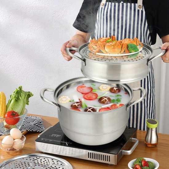 Honhorrs Three-Tier Stainless Steel Steamer, Glass Lid and Stacked Cooking Inserts with Side Handles