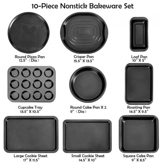 Honhorrs 10-Piece Nonstick Bakeware Set with Cake Pans, Cookie Sheets, Cupcake Tray and Crisper