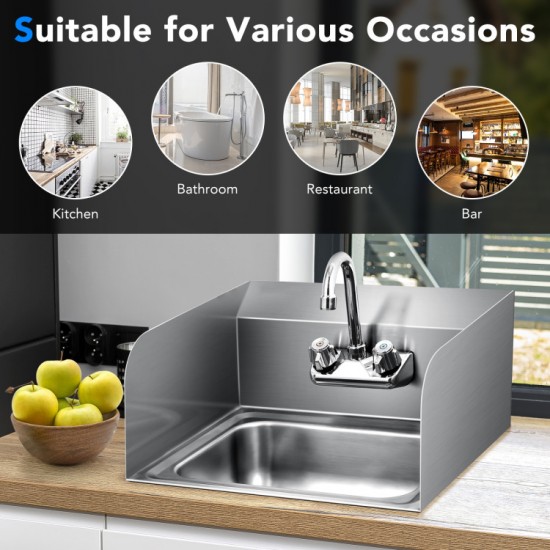 Honhorrs Wall-Mounted Stainless Steel Hand-Washing Sink, Swivel Gooseneck Faucet and Side Splashes