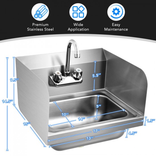 Honhorrs Wall-Mounted Stainless Steel Hand-Washing Sink, Swivel Gooseneck Faucet and Side Splashes