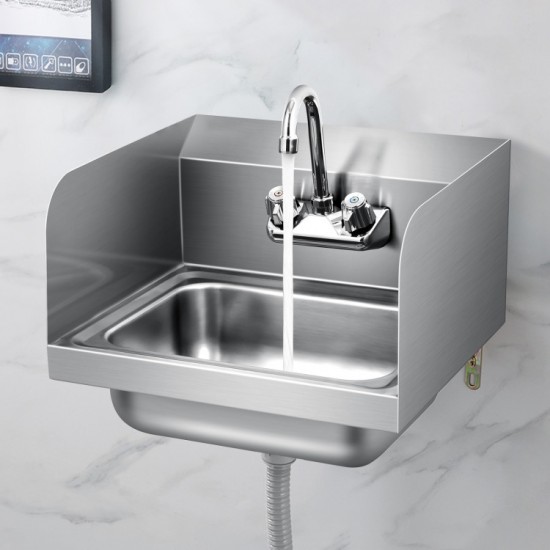 Honhorrs Wall-Mounted Stainless Steel Hand-Washing Sink, Swivel Gooseneck Faucet and Side Splashes