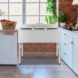 Honhorrs Three-Compartment Stainless Steel Utility Sink, Backsplash and Adjustable Legs with Drains
