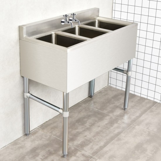Honhorrs Three-Compartment Stainless Steel Utility Sink, Backsplash and Adjustable Legs with Drains