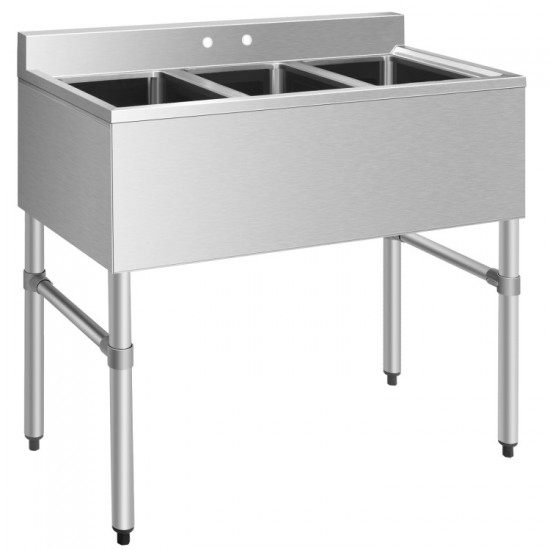 Honhorrs Three-Compartment Stainless Steel Utility Sink, Backsplash and Adjustable Legs with Drains