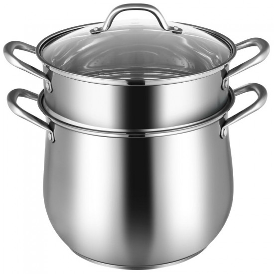 Honhorrs Two-Tier Stainless Steel Steamer with 4.2 qt Bottom Pot, 2 qt Insert and Glass Viewing Lid
