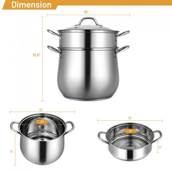 Honhorrs Two-Tier Stainless Steel Steamer with 4.2 qt Bottom Pot, 2 qt Insert and Glass Viewing Lid