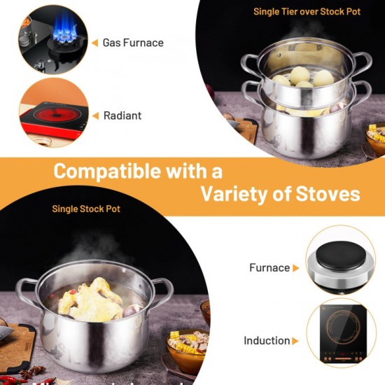 Honhorrs Two-Tier Stainless Steel Steamer with 4.2 qt Bottom Pot, 2 qt Insert and Glass Viewing Lid