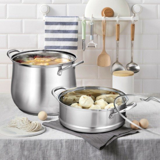 Honhorrs Two-Tier Stainless Steel Steamer with 4.2 qt Bottom Pot, 2 qt Insert and Glass Viewing Lid