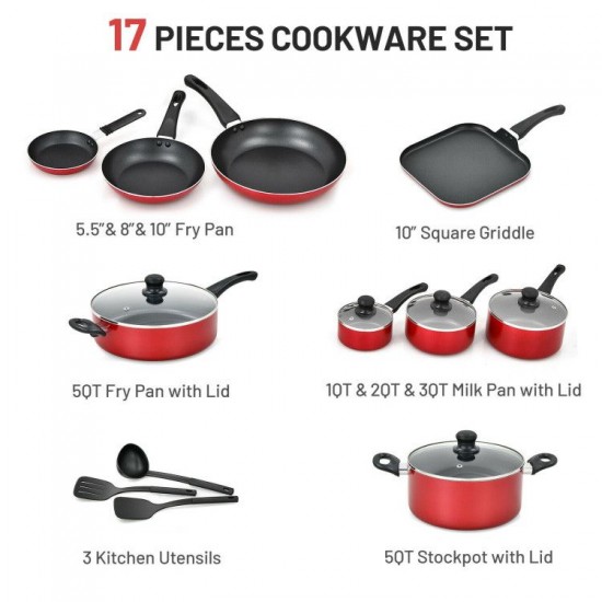 Honhorrs 17-Piece Hard-Anodized Nonstick Cookware Set with Frying Pans, Covered Pots and Utensils