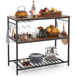 XVX Kitchen Prep Island with Metal Frame, Lower Storage Shelves, Wine Rack and Adjustable Feet