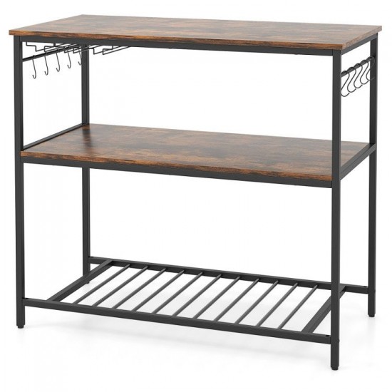 Honhorrs Kitchen Prep Island with Metal Frame, Lower Storage Shelves, Wine Rack and Adjustable Feet