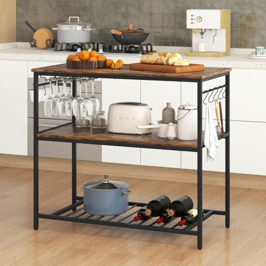 Honhorrs Kitchen Prep Island with Metal Frame, Lower Storage Shelves, Wine Rack and Adjustable Feet