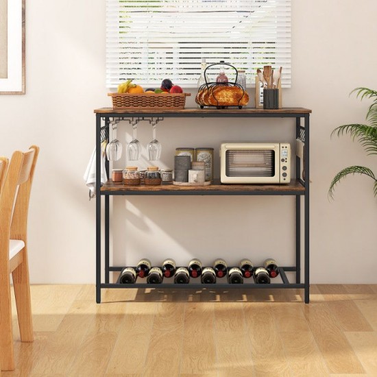 Honhorrs Kitchen Prep Island with Metal Frame, Lower Storage Shelves, Wine Rack and Adjustable Feet