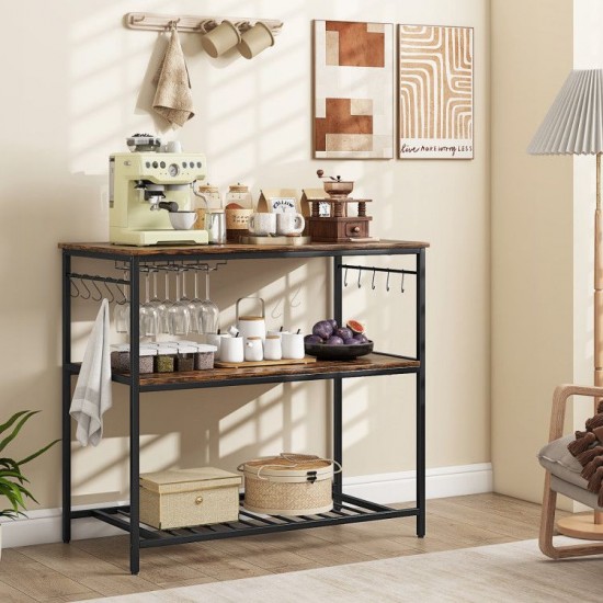 Honhorrs Kitchen Prep Island with Metal Frame, Lower Storage Shelves, Wine Rack and Adjustable Feet