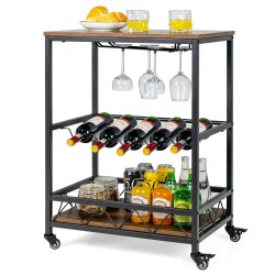 XVX Rolling Bar Cart, Five-Bottle Wine Rack and Hanging Glass Holders with a Guarded Lower Tier
