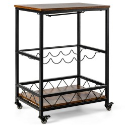XVX Rolling Bar Cart, Five-Bottle Wine Rack and Hanging Glass Holders with a Guarded Lower Tier