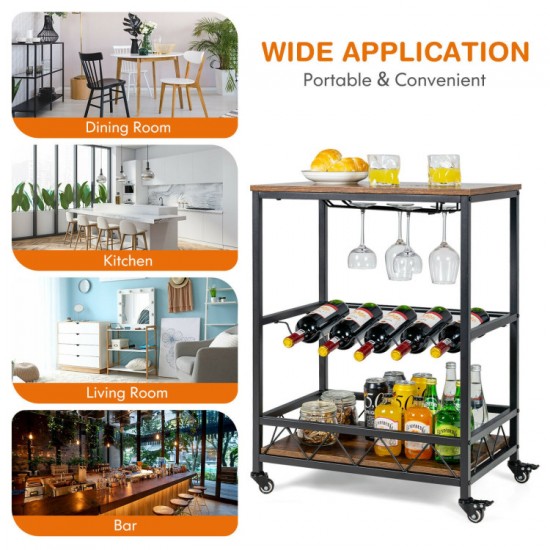 Honhorrs Rolling Bar Cart, Five-Bottle Wine Rack and Hanging Glass Holders with a Guarded Lower Tier
