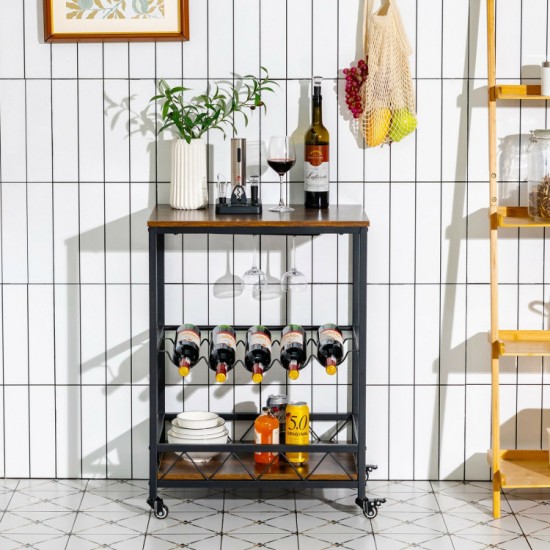 Honhorrs Rolling Bar Cart, Five-Bottle Wine Rack and Hanging Glass Holders with a Guarded Lower Tier