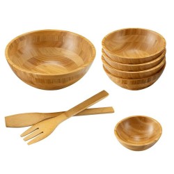 Honhorrs Eight-Piece Bamboo Salad Serving Set: Large Sharing Bowl, Individual Bowls, Spoon and Fork
