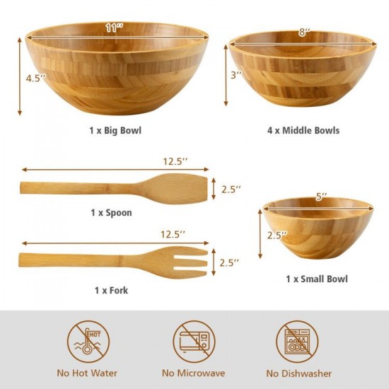 Honhorrs Eight-Piece Bamboo Salad Serving Set: Large Sharing Bowl, Individual Bowls, Spoon and Fork