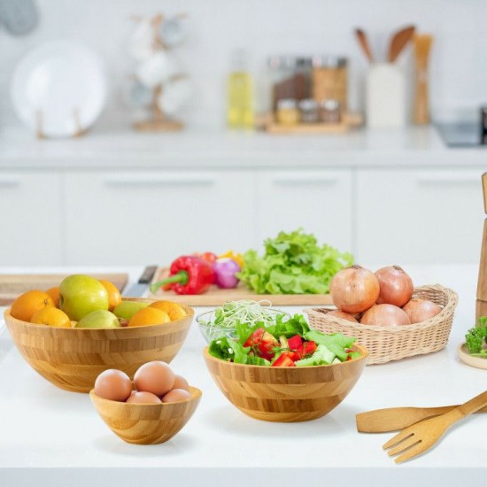 Honhorrs Eight-Piece Bamboo Salad Serving Set: Large Sharing Bowl, Individual Bowls, Spoon and Fork