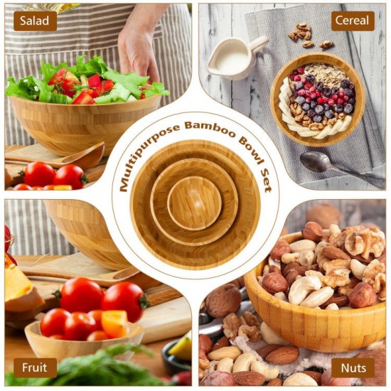 Honhorrs Eight-Piece Bamboo Salad Serving Set: Large Sharing Bowl, Individual Bowls, Spoon and Fork