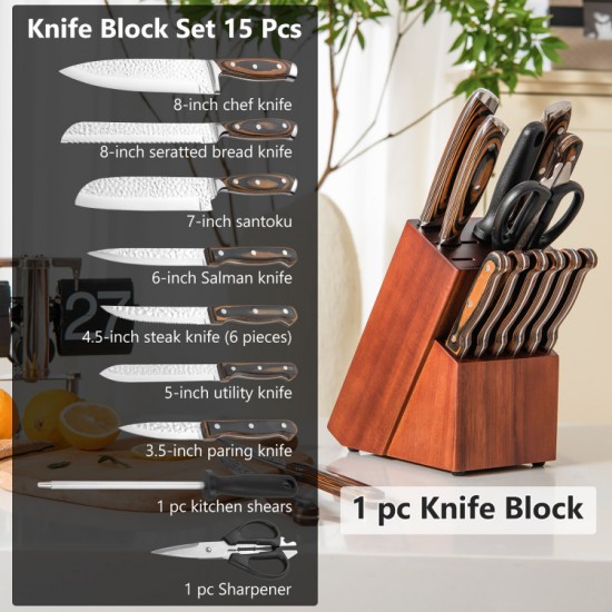 Honhorrs 15-Piece Kitchen Knife Set, Hammered Blades with Hardwood Grips, Shears and Sharpening Rod