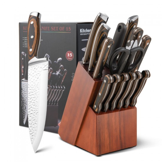 Honhorrs 15-Piece Kitchen Knife Set, Hammered Blades with Hardwood Grips, Shears and Sharpening Rod