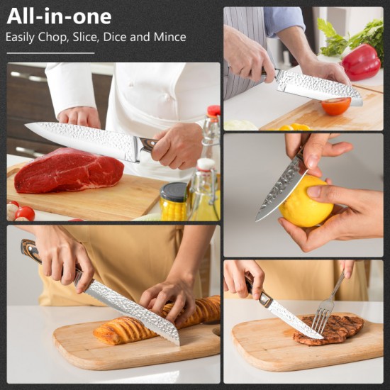 Honhorrs 15-Piece Kitchen Knife Set, Hammered Blades with Hardwood Grips, Shears and Sharpening Rod