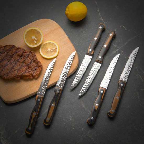 Honhorrs 15-Piece Kitchen Knife Set, Hammered Blades with Hardwood Grips, Shears and Sharpening Rod