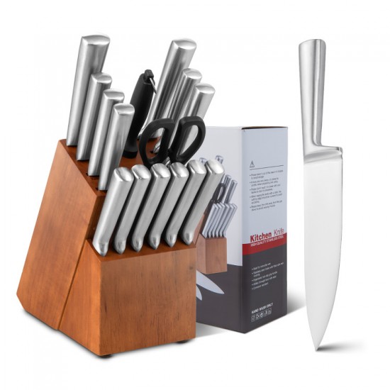 Honhorrs Sixteen-Piece Stainless Steel Knife Collection, Rubberwood Block with Shears and Sharpener