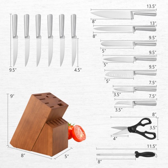 Honhorrs Sixteen-Piece Stainless Steel Knife Collection, Rubberwood Block with Shears and Sharpener