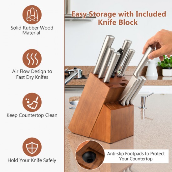 Honhorrs Sixteen-Piece Stainless Steel Knife Collection, Rubberwood Block with Shears and Sharpener