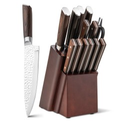 XVX Fifteen-Piece Kitchen Knife Block Set, Hammered Blades with Hardwood Handles and Sharpener