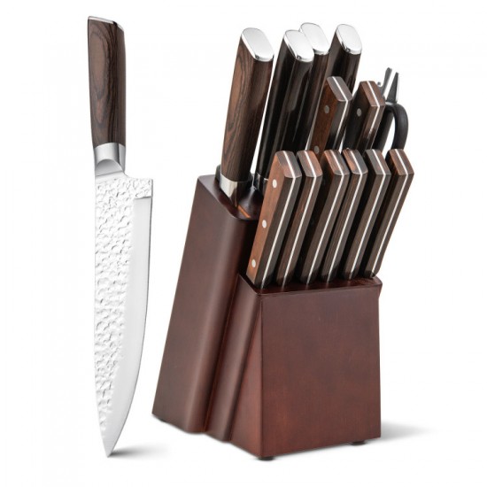 Honhorrs Fifteen-Piece Kitchen Knife Block Set, Hammered Blades with Hardwood Handles and Sharpener
