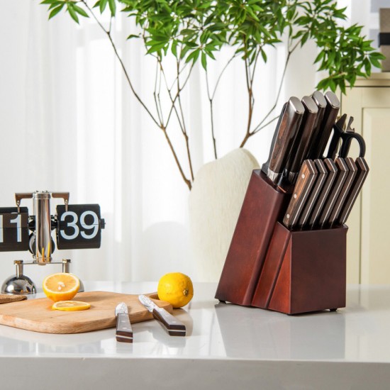 Honhorrs Fifteen-Piece Kitchen Knife Block Set, Hammered Blades with Hardwood Handles and Sharpener