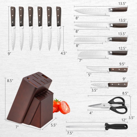 Honhorrs Fifteen-Piece Kitchen Knife Block Set, Hammered Blades with Hardwood Handles and Sharpener