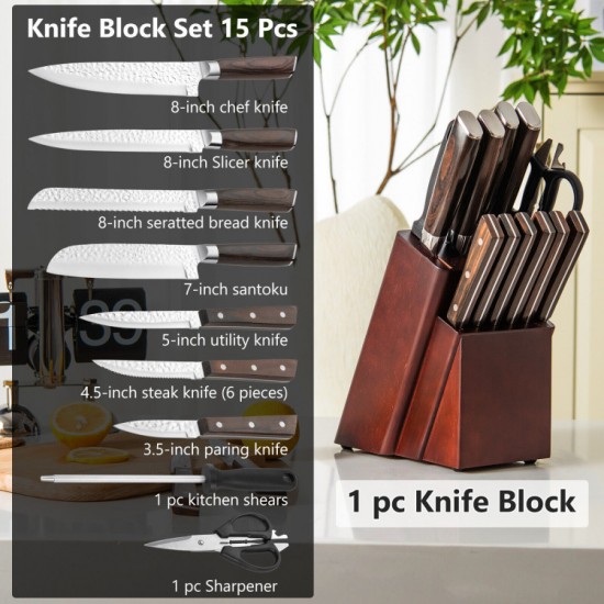 Honhorrs Fifteen-Piece Kitchen Knife Block Set, Hammered Blades with Hardwood Handles and Sharpener