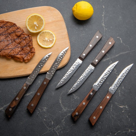 Honhorrs Fifteen-Piece Kitchen Knife Block Set, Hammered Blades with Hardwood Handles and Sharpener