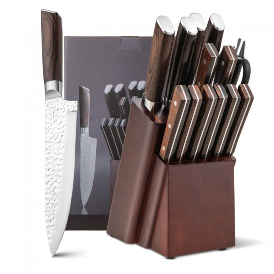 Honhorrs Fifteen-Piece Kitchen Knife Block Set, Hammered Blades with Hardwood Handles and Sharpener