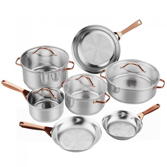 Honhorrs 11-Piece Stainless Steel Cookware Set with 3 Skillets, Glass Lids and Gold-Tone Handles