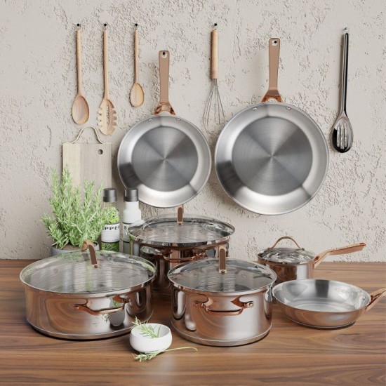 Honhorrs 11-Piece Stainless Steel Cookware Set with 3 Skillets, Glass Lids and Gold-Tone Handles