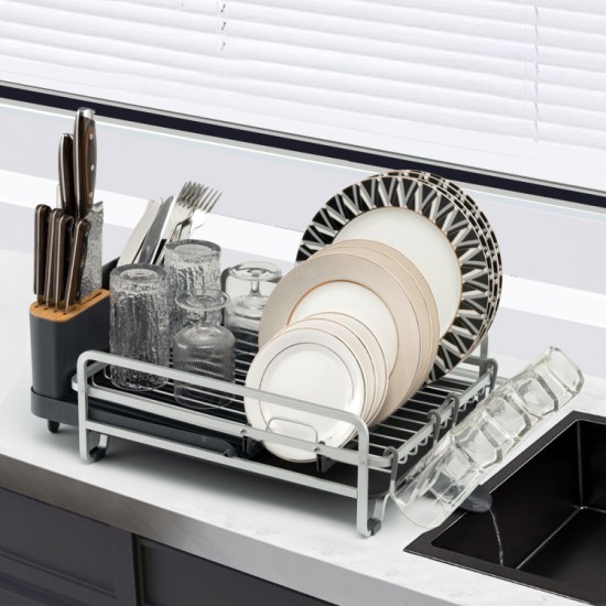 Honhorrs Expandable Aluminum Dish Rack, Drainboard with Sliding Swivel Spout and Separate Holders
