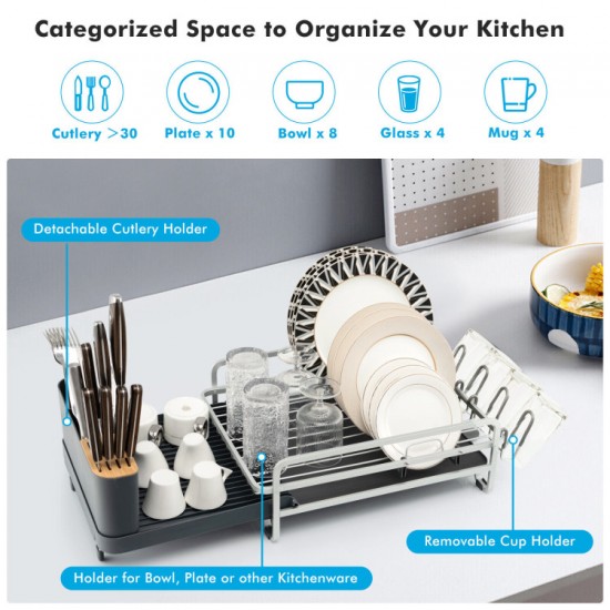 Honhorrs Expandable Aluminum Dish Rack, Drainboard with Sliding Swivel Spout and Separate Holders