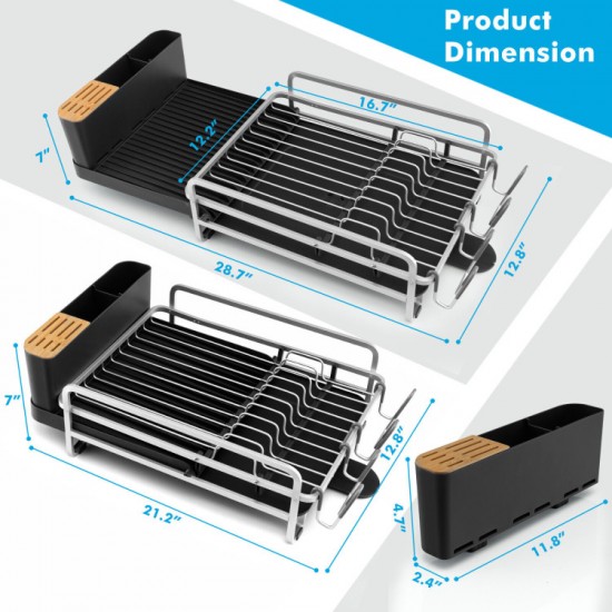 Honhorrs Expandable Aluminum Dish Rack, Drainboard with Sliding Swivel Spout and Separate Holders
